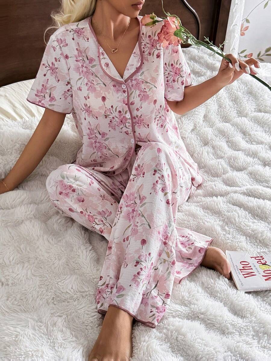 CottageSlumber Women's Casual Comfortable Vacation Contrast Color Floral Print Lapel Short Sleeve Pants Pajama Set - Multicolor - View 1