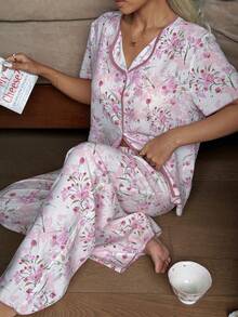 CottageSlumber Women's Casual Comfortable Vacation Contrast Color Floral Print Lapel Short Sleeve Pants Pajama Set - Multicolor - View 4