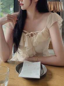 DAZY 女士方领荷叶边腰身优雅夏季衬衫 - 黃色 - 查看 5