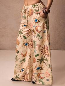 ROMWE PETITE Hippie Vacation Moon & Star Print Women Pants - Apricot - View 2