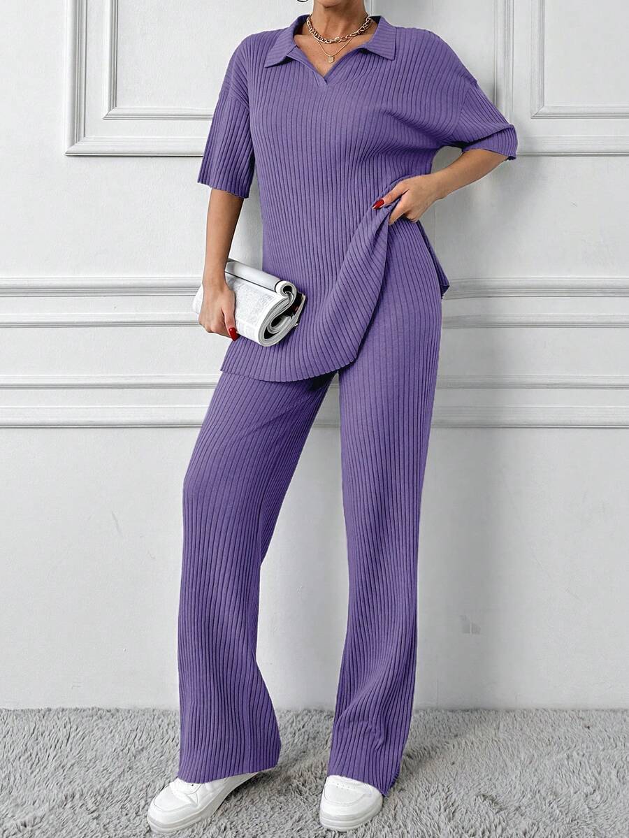 EURMUSE Cotton Two Pieces Set Polo Neck Top And Pant Set Rib Knit Fabric - Purple - View 1