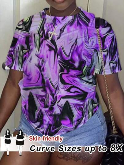 SHEIN CURVE+ Plus Size Tie-Dye Round Neck Short Sleeve Loose Summer Fashionable Versatile T-Shirt