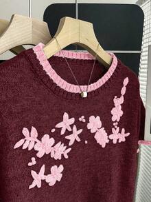 SHEIN Franclia 新款休闲宽松碎花甜美复古女式针织衫，春秋季花朵针织上衣，女士短袖针织衫，酒红色3D花朵上衣 - 酒紅色 - 查看 5