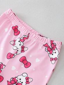 6件套 女童可爱兔子卡通印花弹力针织面料休闲舒适短袖上衣和短裤睡衣套装 - 彩色 - 查看 4