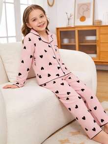 适合青春期女孩的学校女孩睡衣杏色可爱樱桃印花长裤和长袖休闲两件套睡衣套装 - 粉色 - 查看 5
