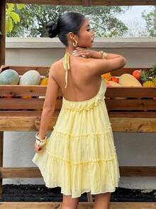 Sunnyshic 黄色泡泡褶皱面料吊带露背多层荷叶边下摆娃娃迷你连衣裙，女士春夏度假波西米亚浪漫可爱优雅简约百搭休闲鸡尾酒会礼服 - 黃色 - 查看 2