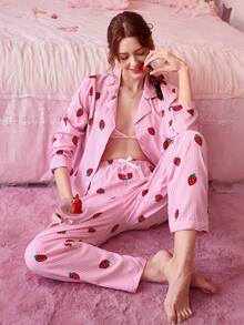 条纹草莓印花睡衣套装，甜美可爱翻领纽扣长袖上衣和长裤，女士睡衣家居服套装，秋冬 - 粉色 - 查看 1