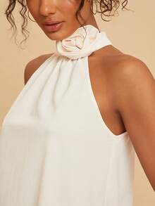 Travachic Robe d'été à col ras-du-cou avec fleurs 3D de couleur unie pour femmes - Nude - Voir 6