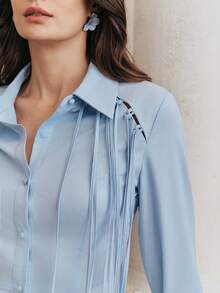 Vestido maxi azul claro de mujer con diseño hueco de cuerda de cuello de camisa de unicolor elegante y de línea A de Anewsta, nuevo y de moda - Azul - Ver 2