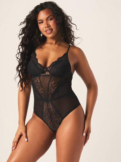 MISSGUIDED 女士性感蕾丝连体衣，带透视网纱拼接和扇形花边细节内衣