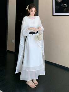 DAZY 少女束腰网纱披肩带连衣裙，优雅连衣裙 - 白色 - 查看 4