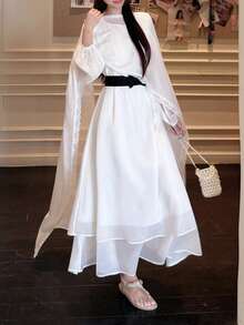 DAZY 少女束腰网纱披肩带连衣裙，优雅连衣裙 - 白色 - 查看 10