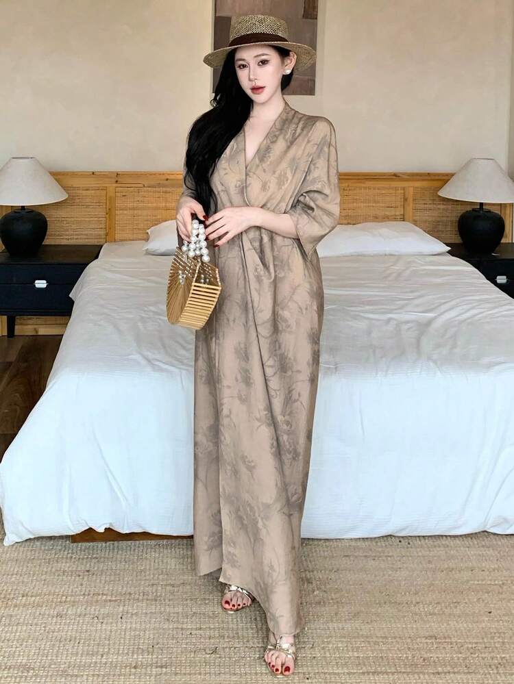 Women's Floral Print Deep V-Neck Elegant Long Sleeve Dress Sundress Summer