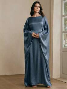 Anewsta 优雅蓝色亮面面料长袍，适合春夏派对和聚会 - 藍色 - 查看 5