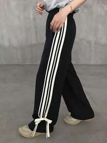 FRIFUL Celana Kasual Olahraga Wanita Motif Garis-Garis Patchwork dengan Pinggang Elastis - Hitam - View 5