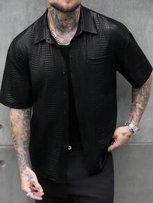 SLATEMANN 男士休闲鳄鱼纹压花短袖衬衫，夏季男士蛇纹印花衬衫，男士纽扣衬衫，男士纹理衬衫，男士短袖衬衫，男士鳄鱼纹压花衬衫，复古风格，适合日常休闲、周末旅行、户外活动、探险旅行、轻松的工作环境或半正式场合，可作为男友/丈夫礼物、周年纪念/生日礼物、派对、夏季假期、婚礼、春夏男士嘻哈短裤套装 - 黑色 - 查看 6