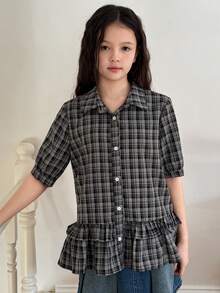 DAZY Tween Girls Plaid Collar Short Sleeve Shirt, Fall - Black and White - View 6