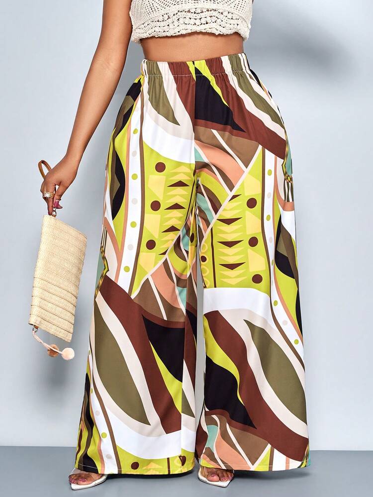 SOLERSUN Plus Size Women's Casual Geometric Floral A-Line Wide-Leg Pants For Spring And Summer, Suitable For Vacations, Commuting, And Everyday Wear. - Multicolor - View 2