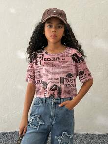 Coolane Kids 少女春夏报纸印花网纱露脐短袖上衣 - 粉色 - 查看 3