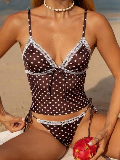 Swim Mod 女士两件式泳衣套装，波点和花卉蕾丝拼接，蝴蝶结系带抹胸式吊带泳衣