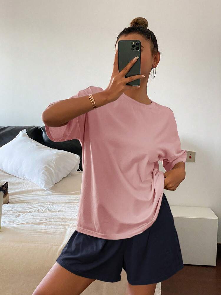 2pcs Solid Color Loose Short Sleeve Shorts Set, Women Summer Casual Pajamas