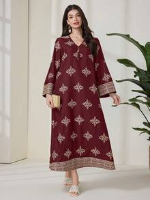 Al Najma 女士花卉图案流苏装饰V领长袖阿拉伯风格连衣裙 - 酒紅色 - 查看 5