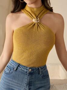 INAWLY Women's Solid Color Metal Decor Fitted Fashionable Knit Vest - Gold - View 4