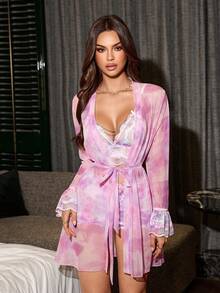 Tie-Dye Lace Chain Decor Mesh Patchwork Sexy Lingerie Set For Women - Purple - View 5