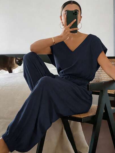 DAZY Solid Color V-Neck Short Sleeve Loose Waist Jumpsuit, Summer Women Loungewear