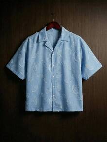 TOKVUE 男士休闲纹理度假风纽扣宽松短袖衬衫，夏季，情人节，春夏，送给男友的礼物，狂欢节，复古，街头风，派对，圣帕特里克节，外出，男士提花图案花卉领短衬衫 - 霧霾藍 - 查看 1