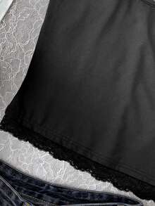 少女休闲日常通勤简约纯黑色蕾丝修身短款吊带背心，夏季度假 - 黑色 - 查看 4