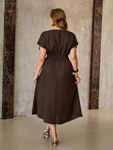 Roveilla 大码女式格子亚麻圆领落肩袖腰部褶裥A字长裙，优雅法式复古通勤商务休闲街头风简约百搭下午茶派对春夏新款女装连衣裙，女士休闲连衣裙，优雅高贵休闲连衣裙 - 咖啡棕 - 查看 2