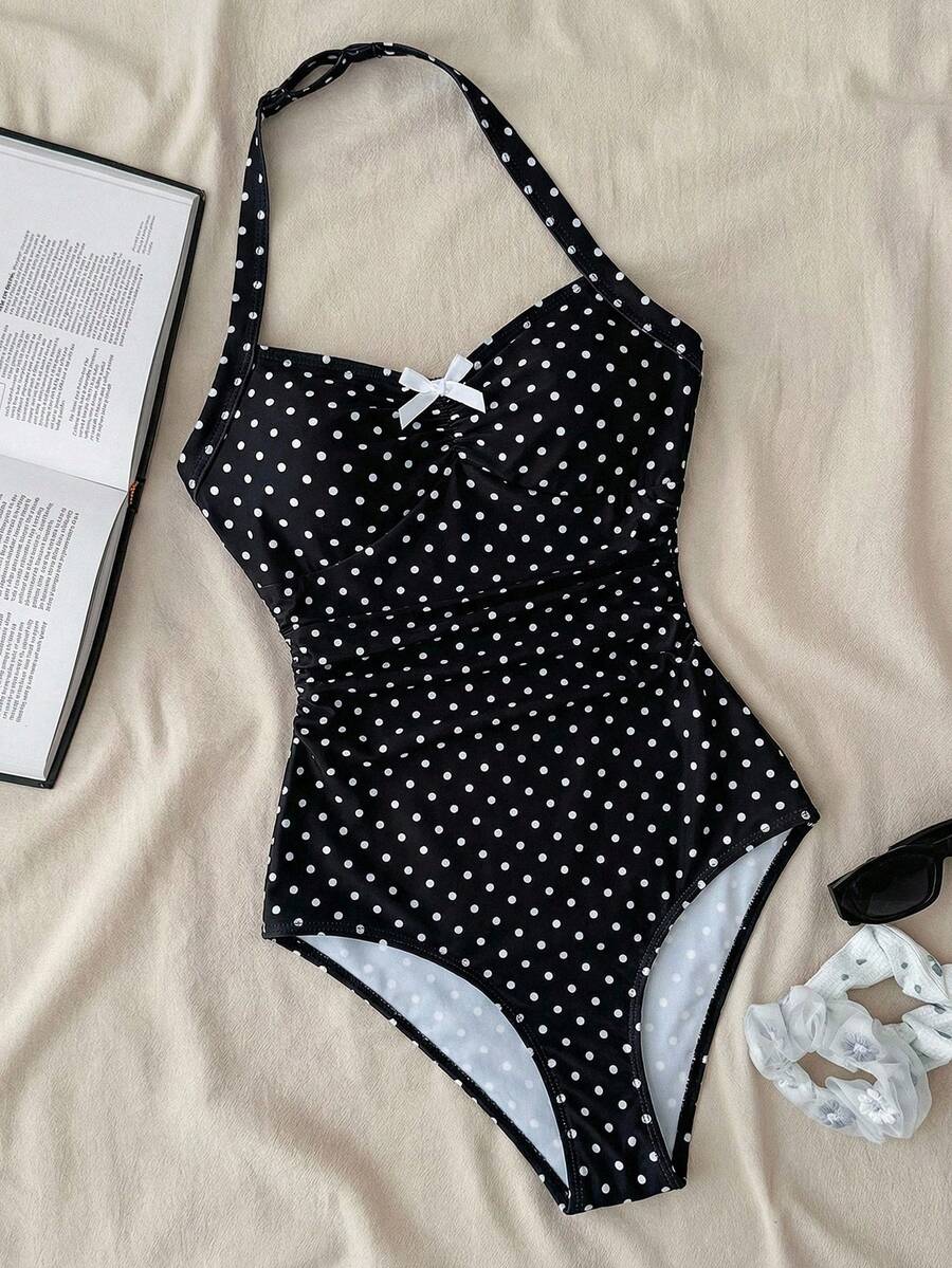 SHEIN Áo tắm liền thân họa tiết chấm bi hình bướm dành cho thiếu nữ, thích hợp cho kỳ nghỉ và đi biển. - màu đen - Xem 1