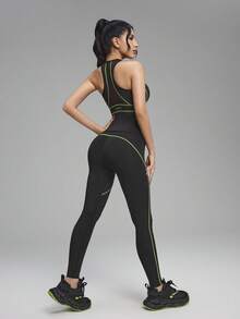 Innovista Women's Contrast Stitching Fitted Camisole And Leggings Tennis Outfit - Black - View 4
