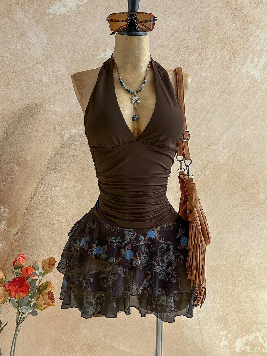 Soleia Autumn/Winter Vintage Zebra Tie-Dye V-Neck Drawstring Mesh Ruched Romantic Holiday Dress/Mini Skirt For Women,Summer Dresses For Women - Multicolor - View 1