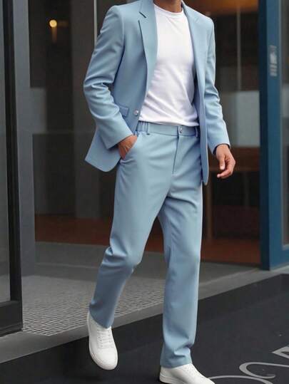 SHEIN 2pcs Teen Boys Casual Suit Set, Gentleman Style Streetwear Punk Rock School Outfit, Suitable For Spring/Summer Occasions Light Blue Suit Big Boy Suit,In Fall/Winter