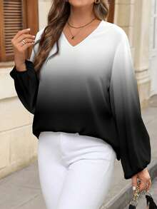 EMERY ROSE 大码女式渐变色印花V领灯笼袖休闲衬衫，秋冬 - 彩色 - 查看 6