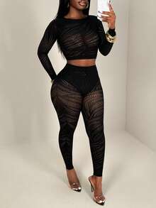 BamGleam 女士性感镂空网纱透视修身两件套 - 黑色 - 查看 4