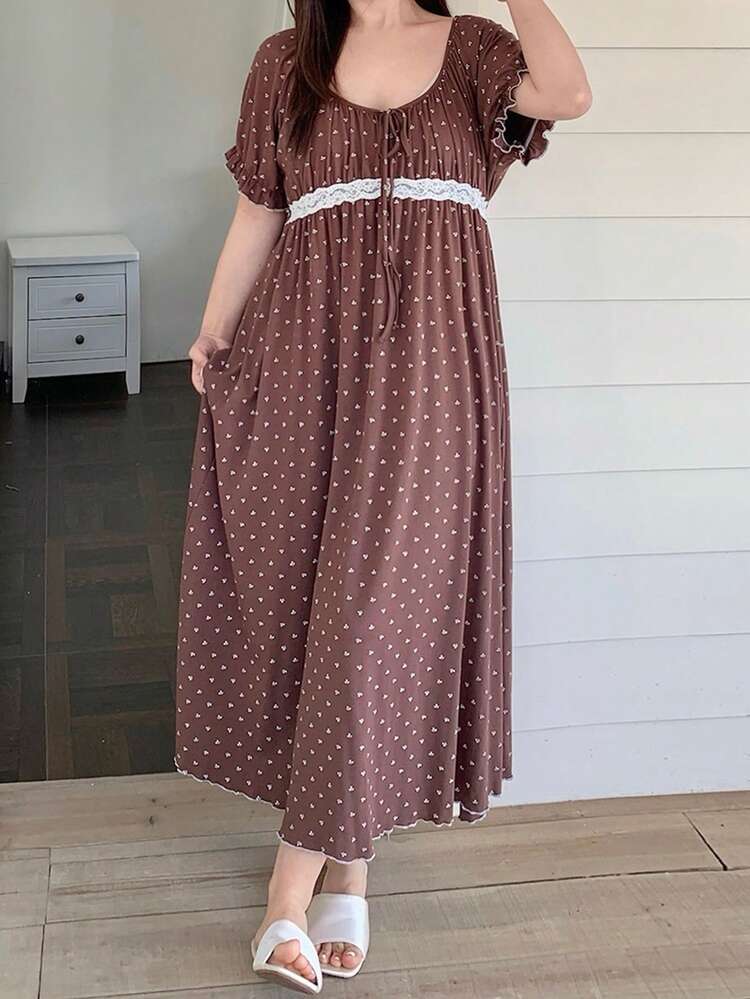 Dazy Plus Elegant Ditsy Floral Scoop Neck Tie-Up Contrast Lace Cinched Waist Long Nightgown With Short Sleeves