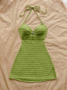 Soleia Robe mini texturée à col V sexy avec décoration en métal en forme d'étoile de mer, dos nu. Convient pour les vacances, les rendez-vous, le thé de l'après-midi, les vacances, les festivals de musique, le style bohème - Vert - Voir 5