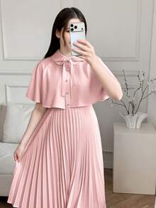 SHEIN Set Gaun Tanpa Lengan Berlipit dan Selendang Pesta Elegan untuk Remaja Perempuan - Berwarna merah muda - View 4