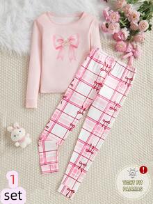 SHEIN Tween Girl Bow Print Long Sleeve Top And Plaid Leggings Pajama Set  Snug Fit Bow Pjs - Multicolor - View 8