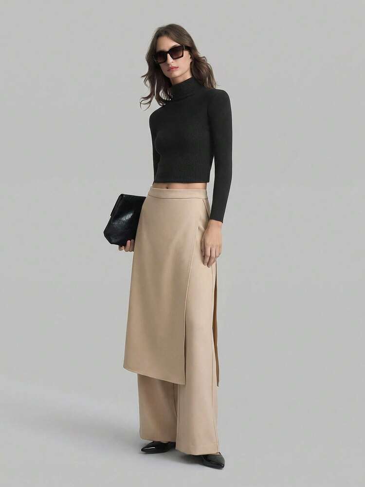 2026SS New Summer Women's Pants, Popular Solid Khaki & Apricot Color, Fashionable High-Waist Side Zipper Deconstructed 2 Pieces Pants, Casual Trousers For Daily Wear, Women Teachers' Outfit, Business Casual, Urban Chic Office Attire, Commuting Versatile Women's Pants