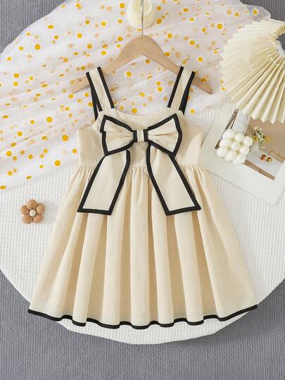 SHEIN Young Girl Summer Casual Colorblock Trim Bow Decor Dress