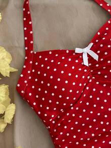 SHEIN 少女波点印花蝴蝶结装饰挂脖连体泳衣，夏季海滩度假 - 紅白色 - 查看 5