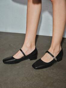 女士3厘米布面包跟黑色时尚百搭玛丽珍低跟粗跟优雅平底鞋，另有藏蓝色、咖啡色、酒红色可选 - 黑色 - 查看 3
