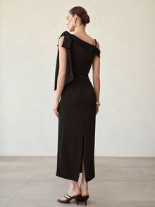 MOTF PREMIUM ELEGANT ASYMMETRICAL NECK BLACK LONG DRESS - Black - View 4