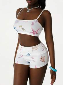 Amplova 2026 New Casual Basic Style Ocean Pattern Vacation Set, 2pcs For Women - Multicolor - View 3