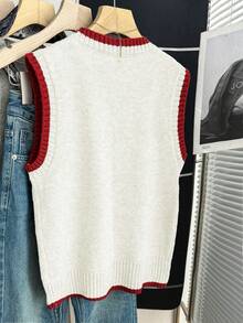 SHEIN Franclia Áo vest dệt kim họa tiết trái tim phối màu yến mạch mới, cổ tròn viền đỏ, dáng rộng thoải mái, chất liệu dệt kim mềm mại, họa tiết jacquard trái tim phối màu tương phản, không tay, phong cách trẻ trung ngọt ngào, điểm nhấn trái tim cổ điển, thích hợp mặc thường ngày vào mùa xuân, đi học, hẹn hò, hoặc mặc hàng ngày, một món đồ đa năng, họa tiết trái tim tạo thêm sự sống động, màu sắc tương phản bắt mắt, dáng rộng tôn dáng, mang đến cảm giác thoải mái, dịu dàng kiểu Hàn Quốc, có thể mặc cùng áo sơ mi để thêm phần ngọt ngào, phối với chân váy xếp ly để thêm phần đáng yêu, hoặc phối với quần jeans để tạo nên sự kết hợp ngọt ngào và cá tính. - trắng - Xem 2