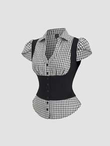 Sweetra Áo sơ mi tay ngắn in hoa, kiểu dáng cổ điển phối nhiều mảnh, giúp thon gọn vòng eo, phù hợp cho mùa xuân/hè và đi làm. - màu đen - Xem 3